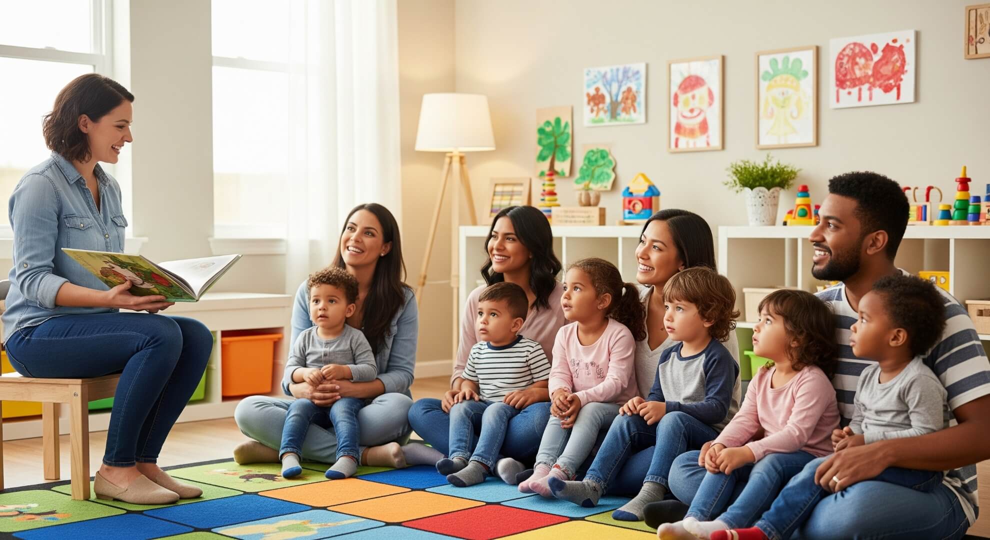 Educator leading engaging story time with families